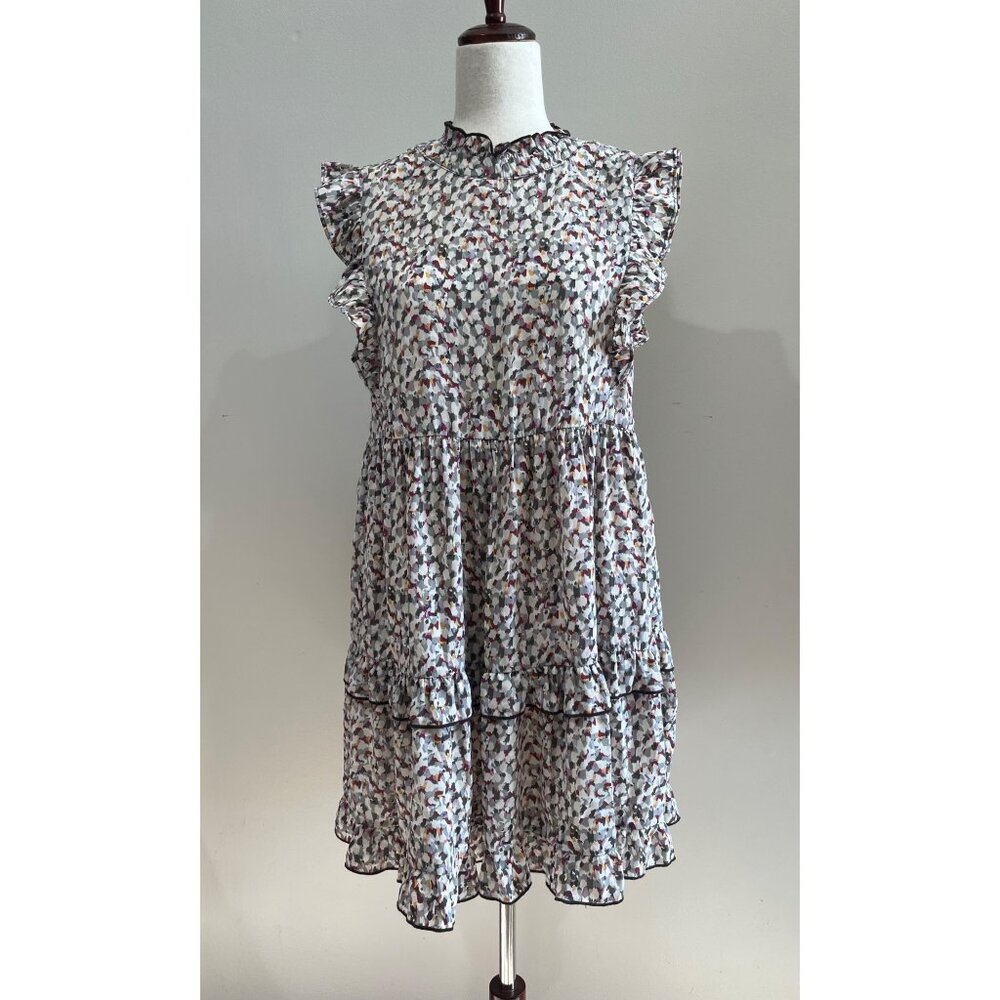 J Jordan Boutique Flutter Sleeve Mini Dress Womens S Gray/Pink Print Tiered